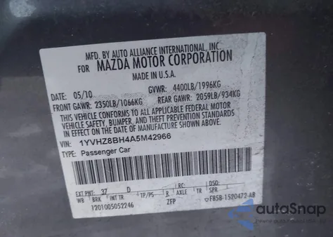 2010 Mazda Mazda6 I Sport z USA, uszkodzony, nr VIN 1YVHZ8BH4A5M42966